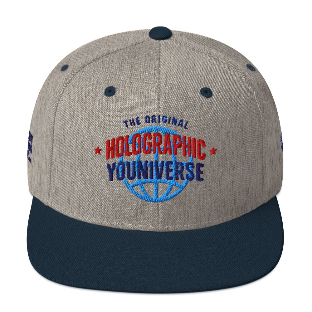 Holographic YOUniverse Snapback Cap – Holographic Universe Clothes Unisex (Navy Text) - Image 25