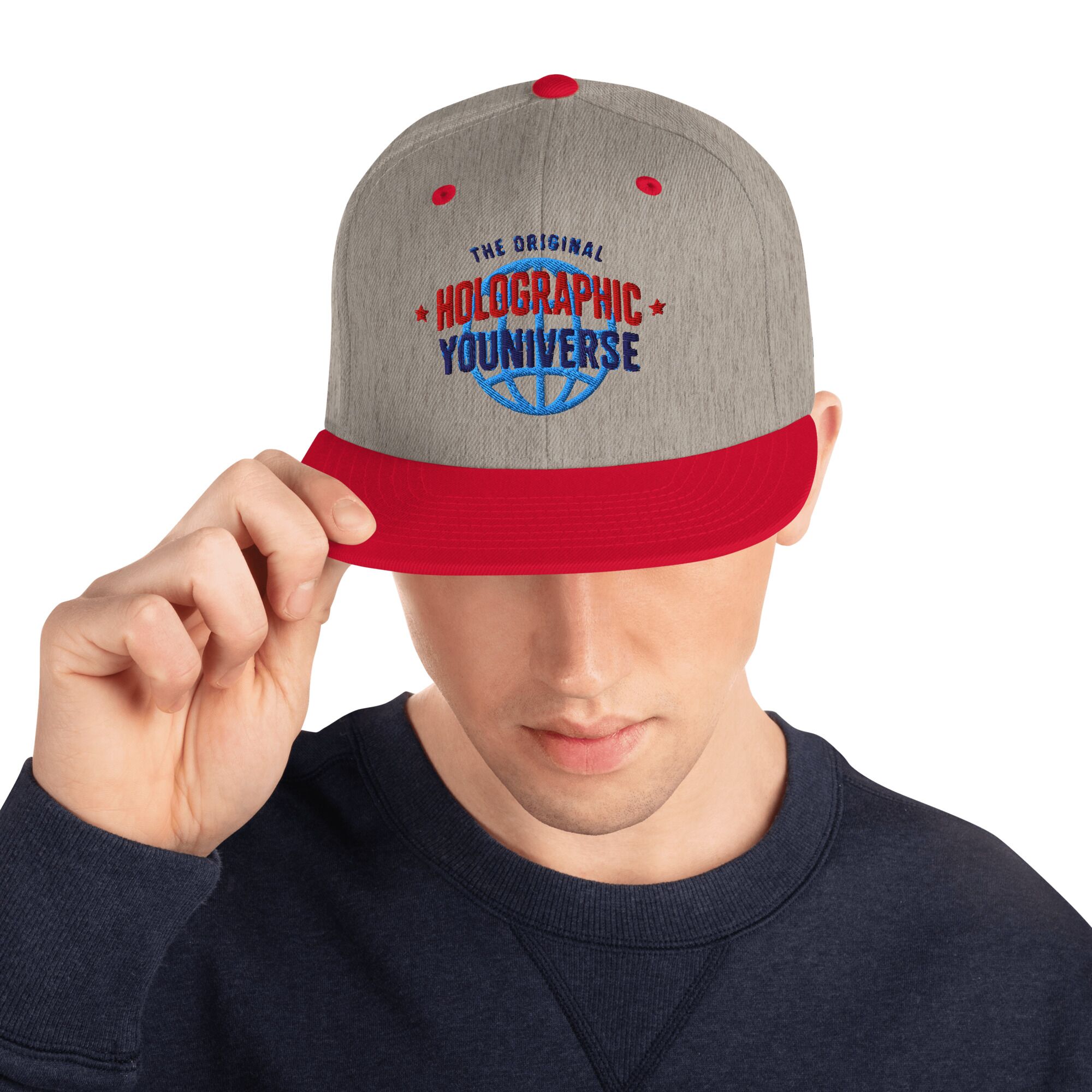 Holographic YOUniverse Snapback Cap – Holographic Universe Clothes Unisex (Navy Text) - Image 6