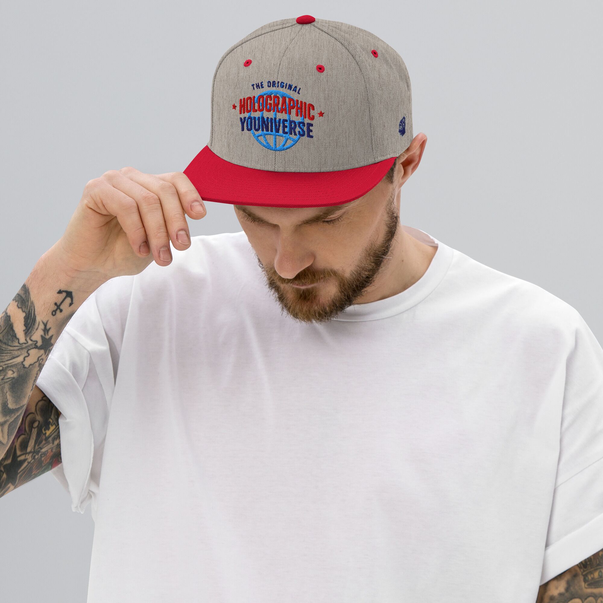 Holographic YOUniverse Snapback Cap – Holographic Universe Clothes Unisex (Navy Text) - Image 7