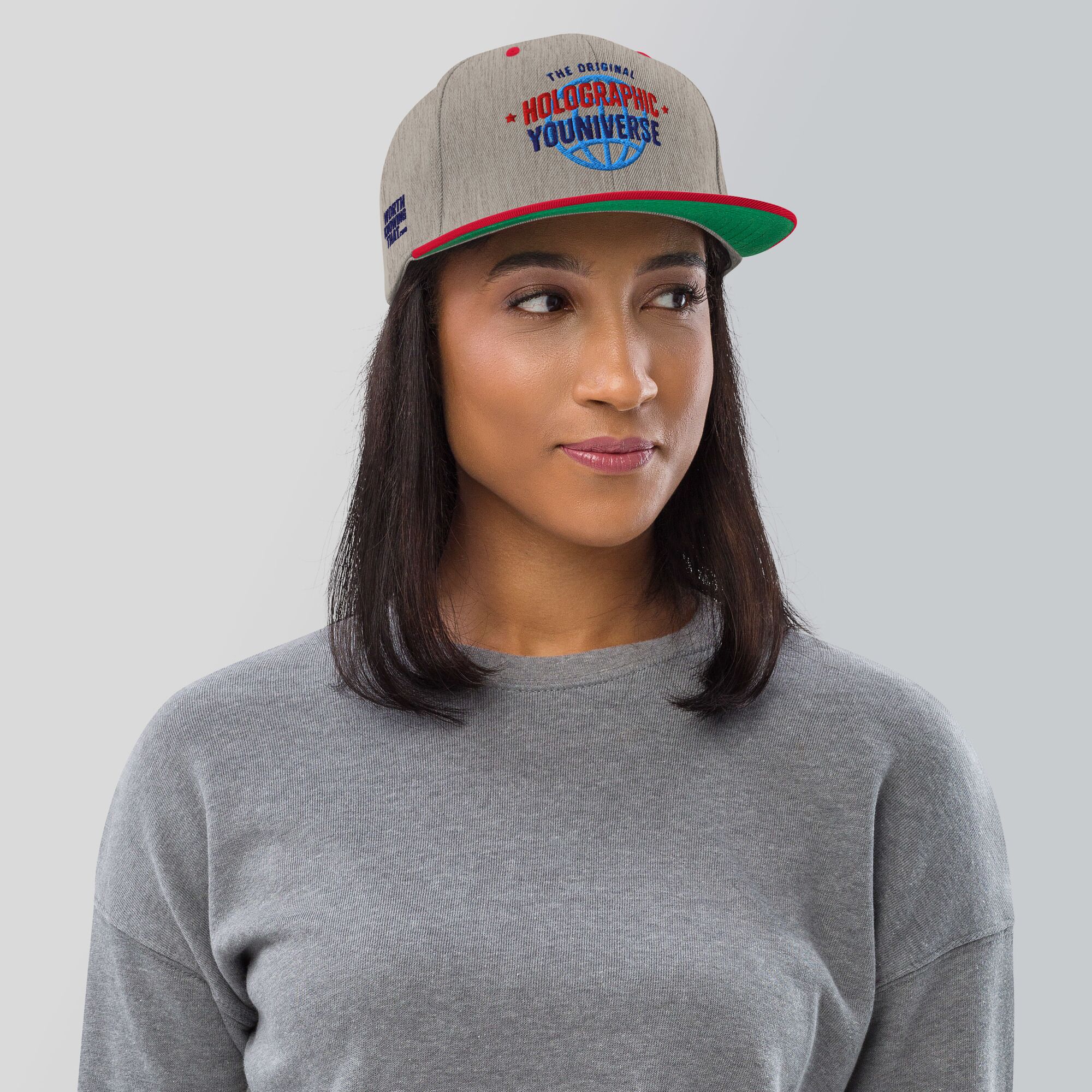 Holographic YOUniverse Snapback Cap – Holographic Universe Clothes Unisex (Navy Text) - Image 8