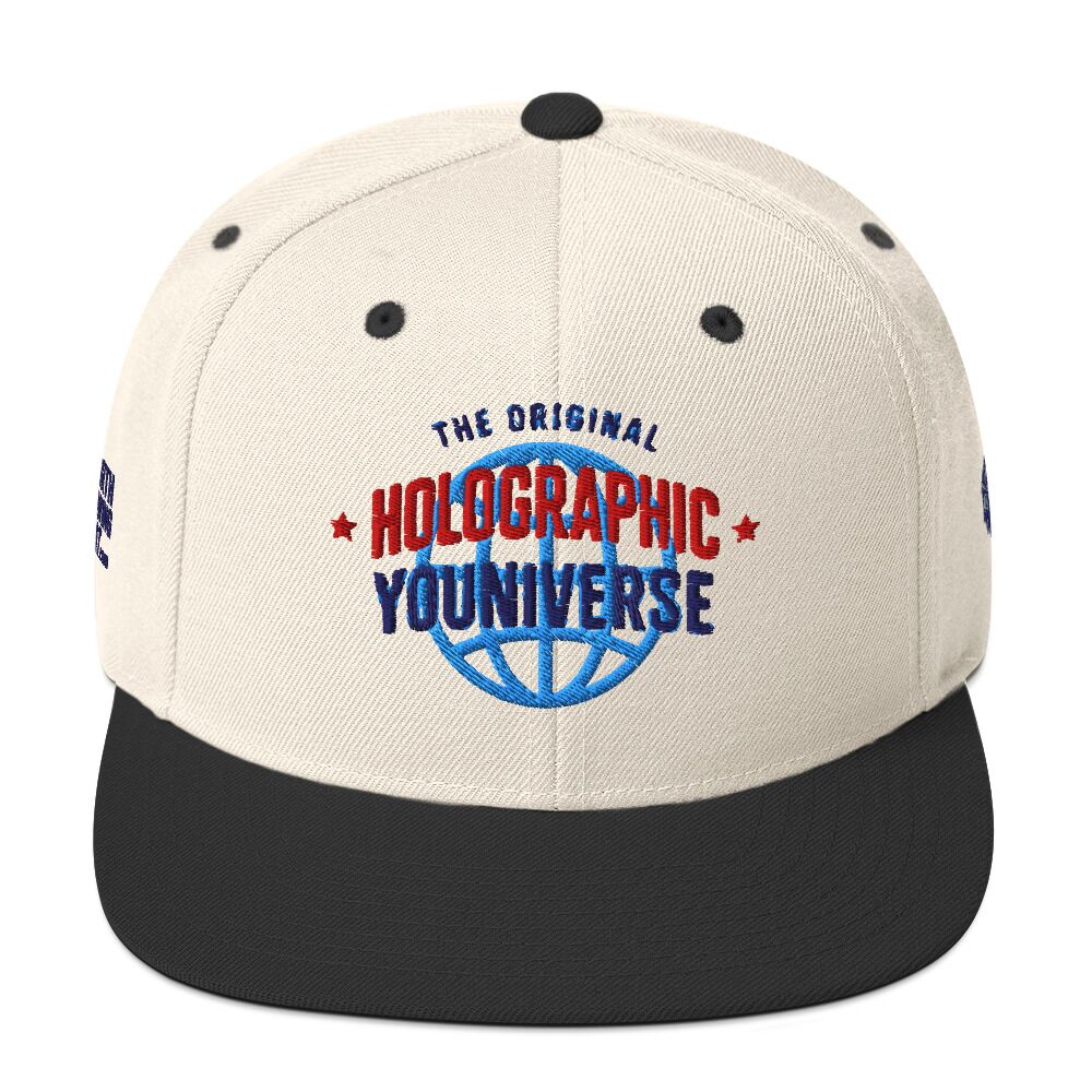 Holographic YOUniverse Snapback Cap – Holographic Universe Clothes Unisex (Navy Text) - Image 9