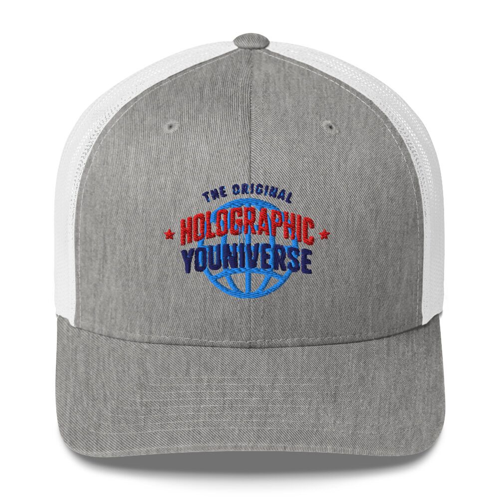 Holographic YOUniverse Trucker Cap – Holographic Universe Clothes Unisex (Navy Text) - Image 9