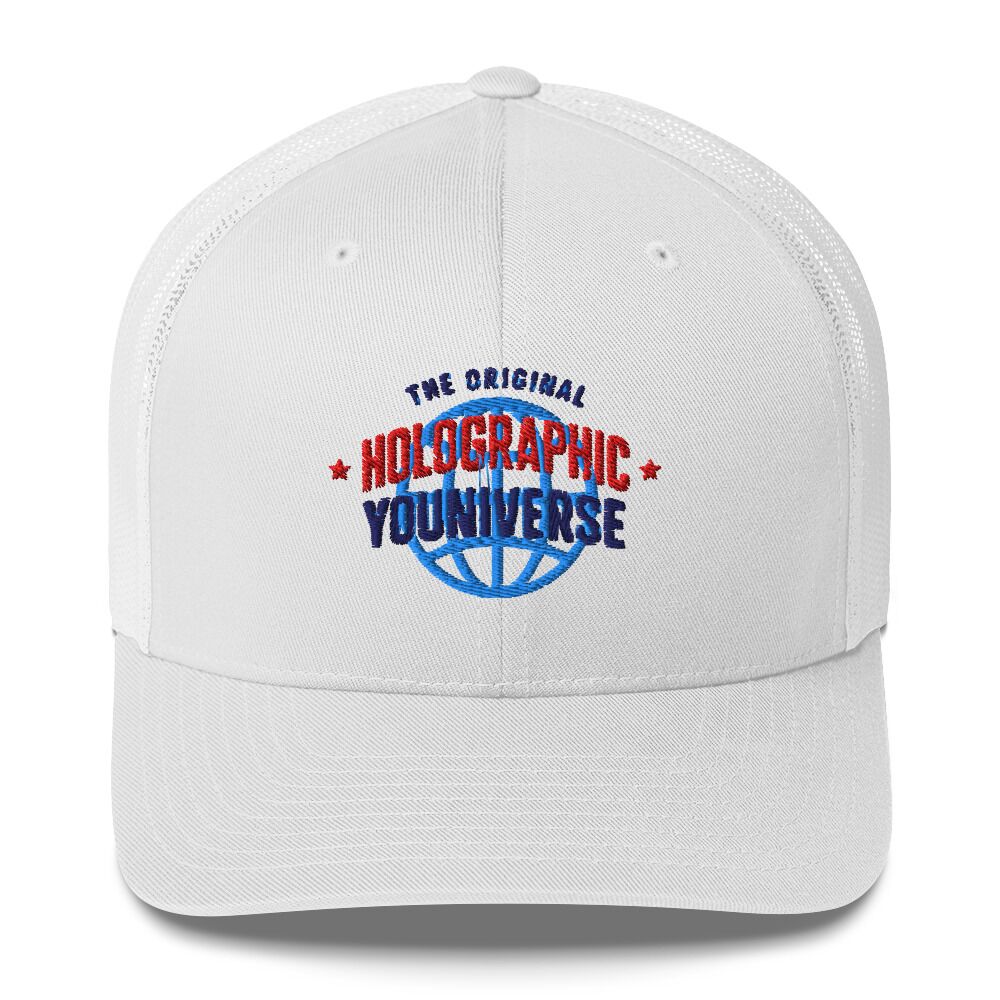 Holographic YOUniverse Trucker Cap – Holographic Universe Clothes Unisex (Navy Text)