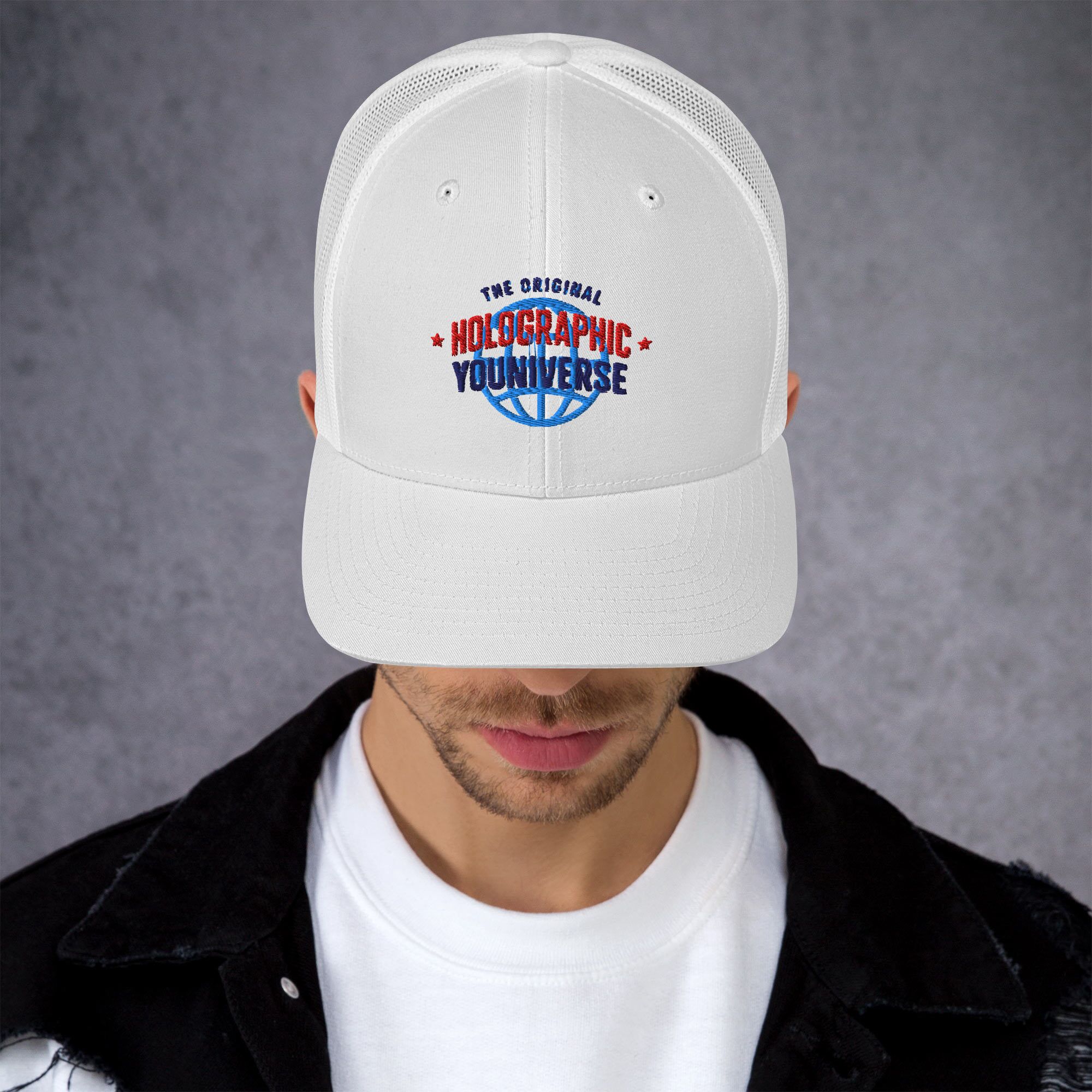 Holographic YOUniverse Trucker Cap – Holographic Universe Clothes Unisex (Navy Text) - Image 2