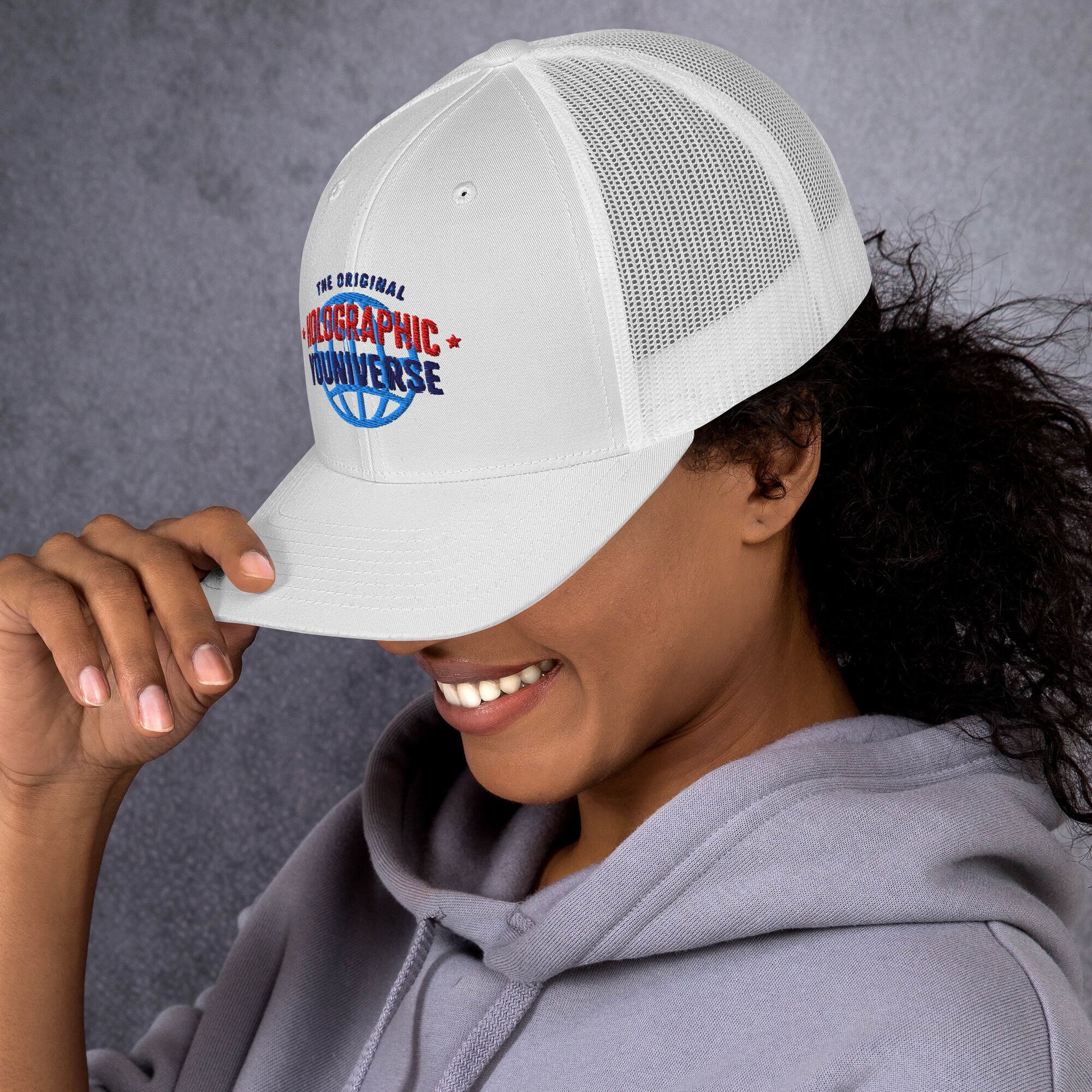 Holographic YOUniverse Trucker Cap – Holographic Universe Clothes Unisex (Navy Text) - Image 4