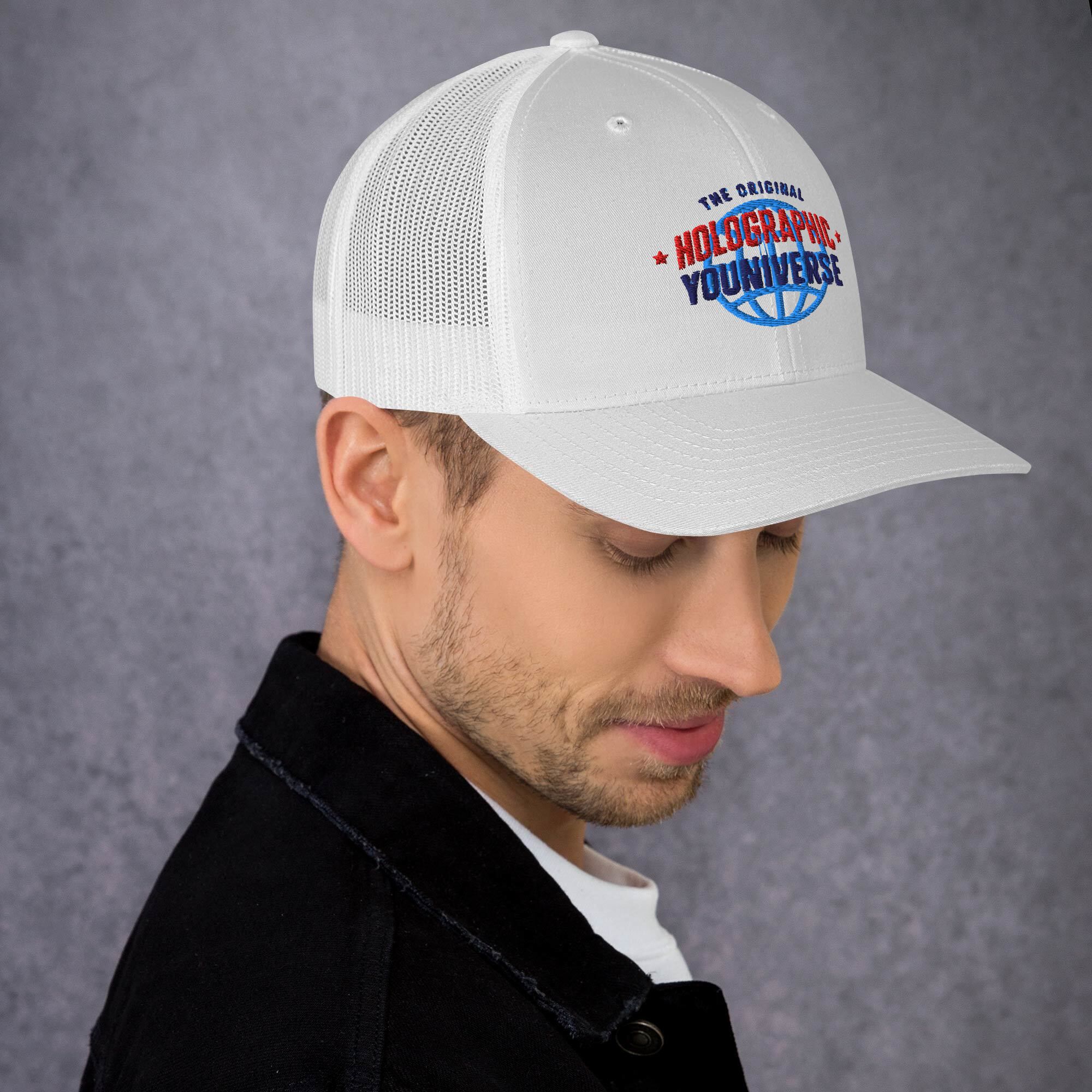 Holographic YOUniverse Trucker Cap – Holographic Universe Clothes Unisex (Navy Text) - Image 3